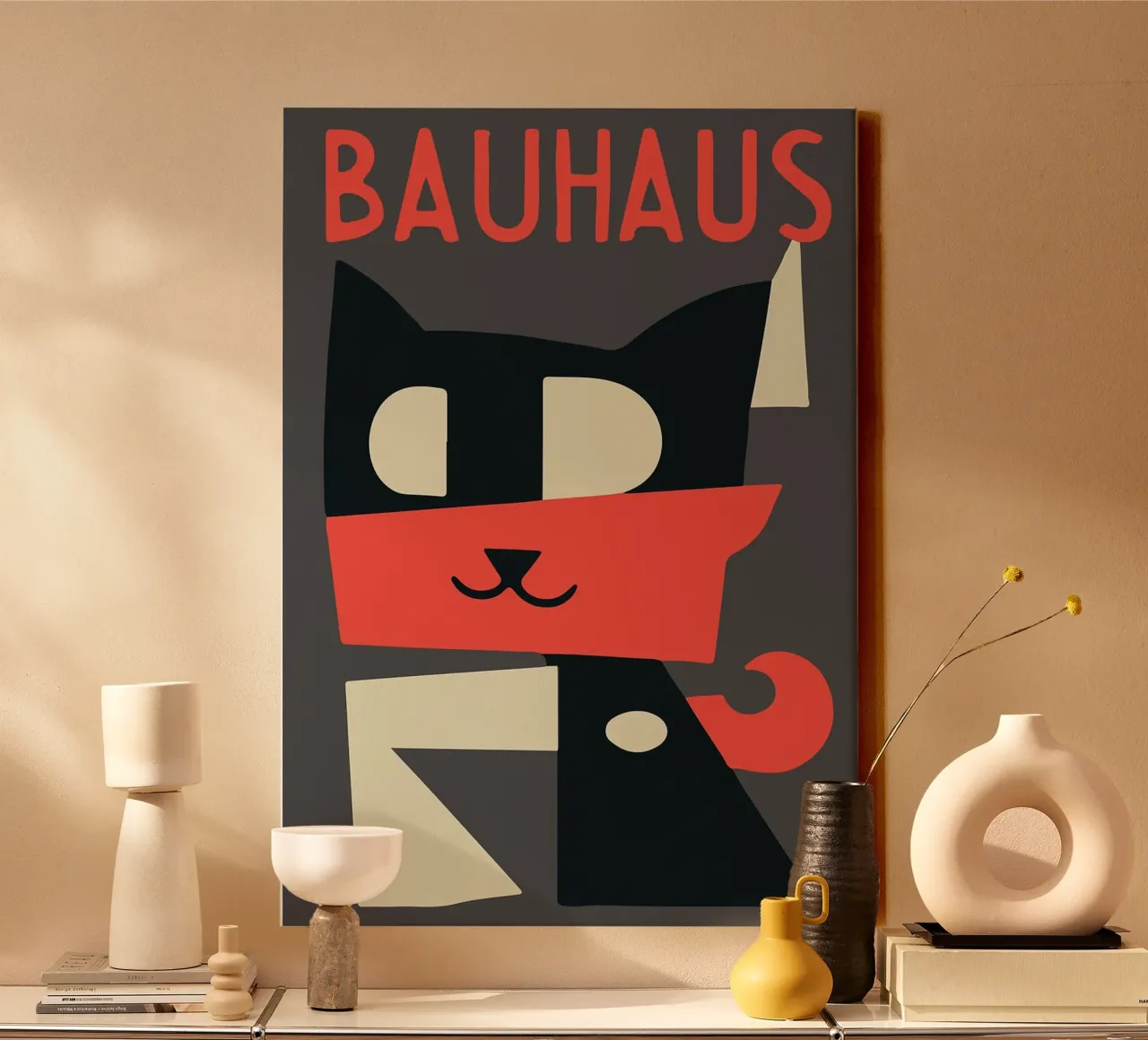 gatto forme geometriche sciarpa rossa tela da Janine P McGuire
