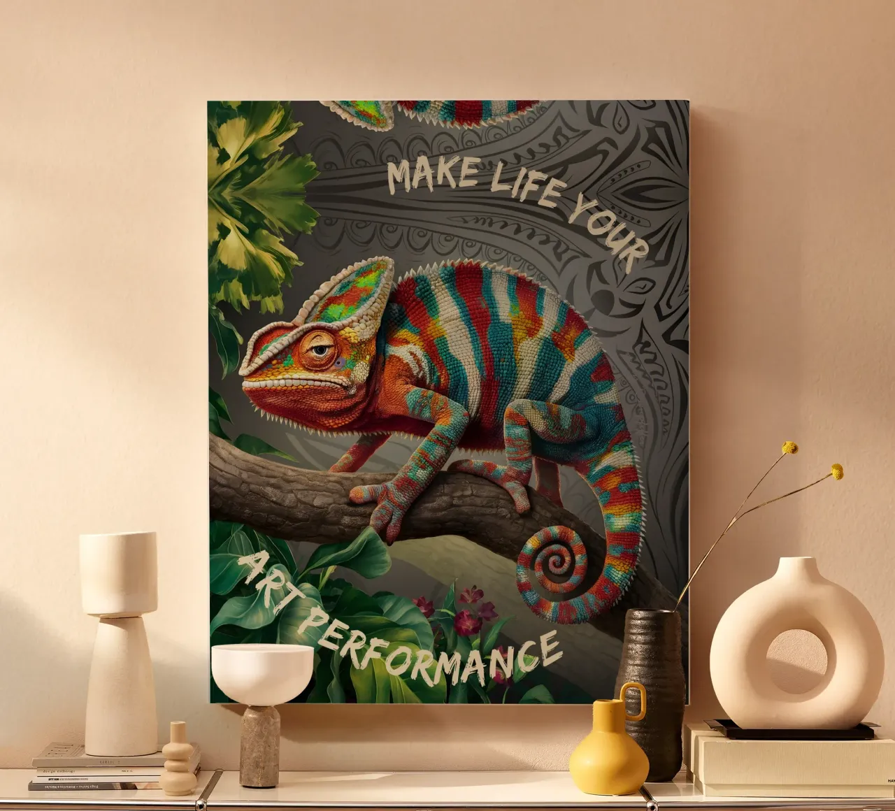 bezauberndes Chamäleon "mach das Leben zu deiner Kunstperformance" Leinwand mit Schattenfugenrahmen von lessstressnerd