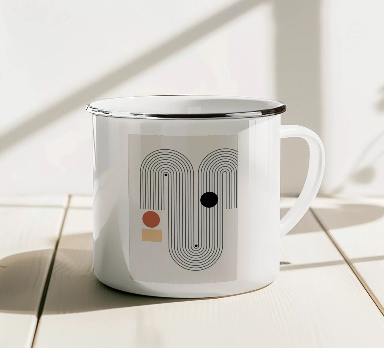 geometric shapes line patterns circles arcs enamel mug by Purrfect Whiskers Art