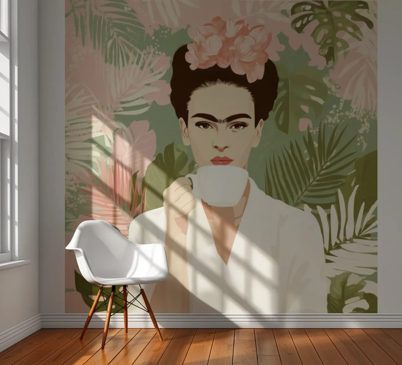 Tropical Icon with Floral Crown and Coffee in Pastel Jungle photo wallpaper by Modern Muse