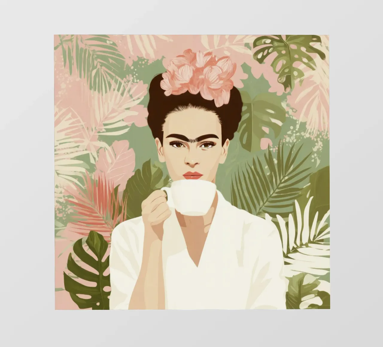 Tropical Icon with Floral Crown and Coffee in Pastel Jungle photo wallpaper by Modern Muse
