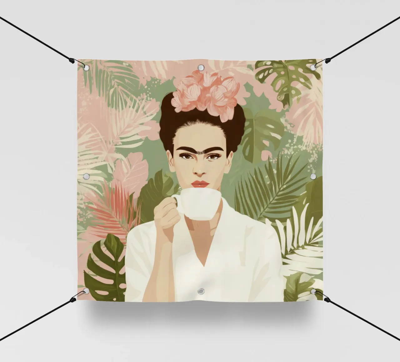Icona tropicale con corona floreale e caffè in una giungla pastello telo in pvc da Modern Muse