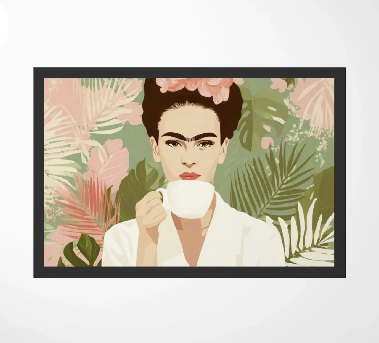 Icona tropicale con corona floreale e caffè in una giungla pastello zerbino da Modern Muse