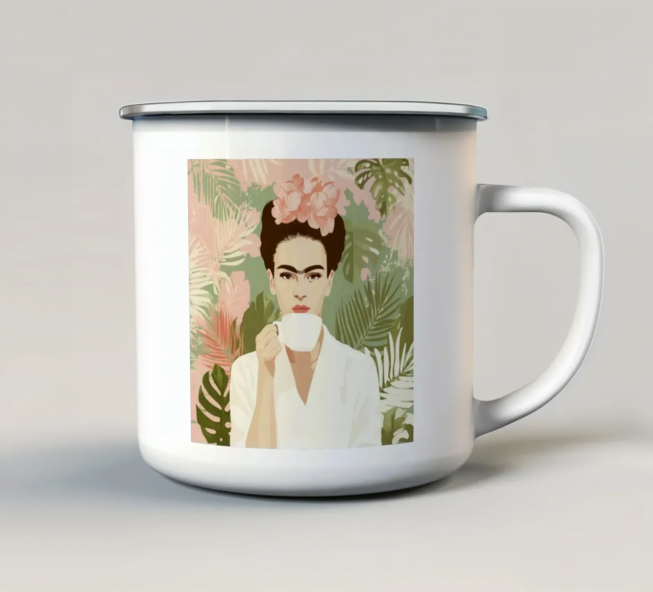 Icona tropicale con corona floreale e caffè in una giungla pastello tazza in smalto da Modern Muse