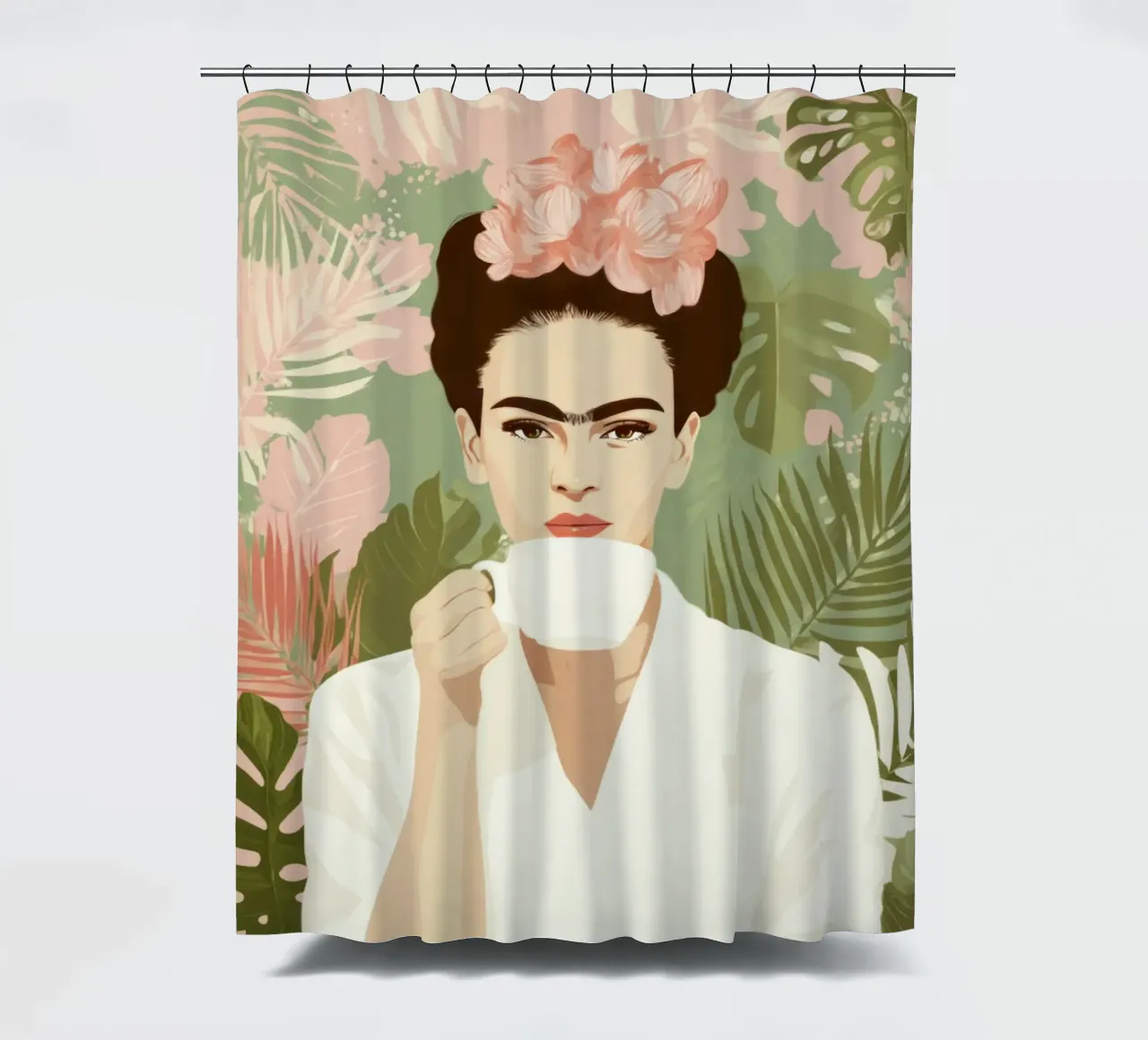 Icona tropicale con corona floreale e caffè in una giungla pastello tenda da doccia da Modern Muse