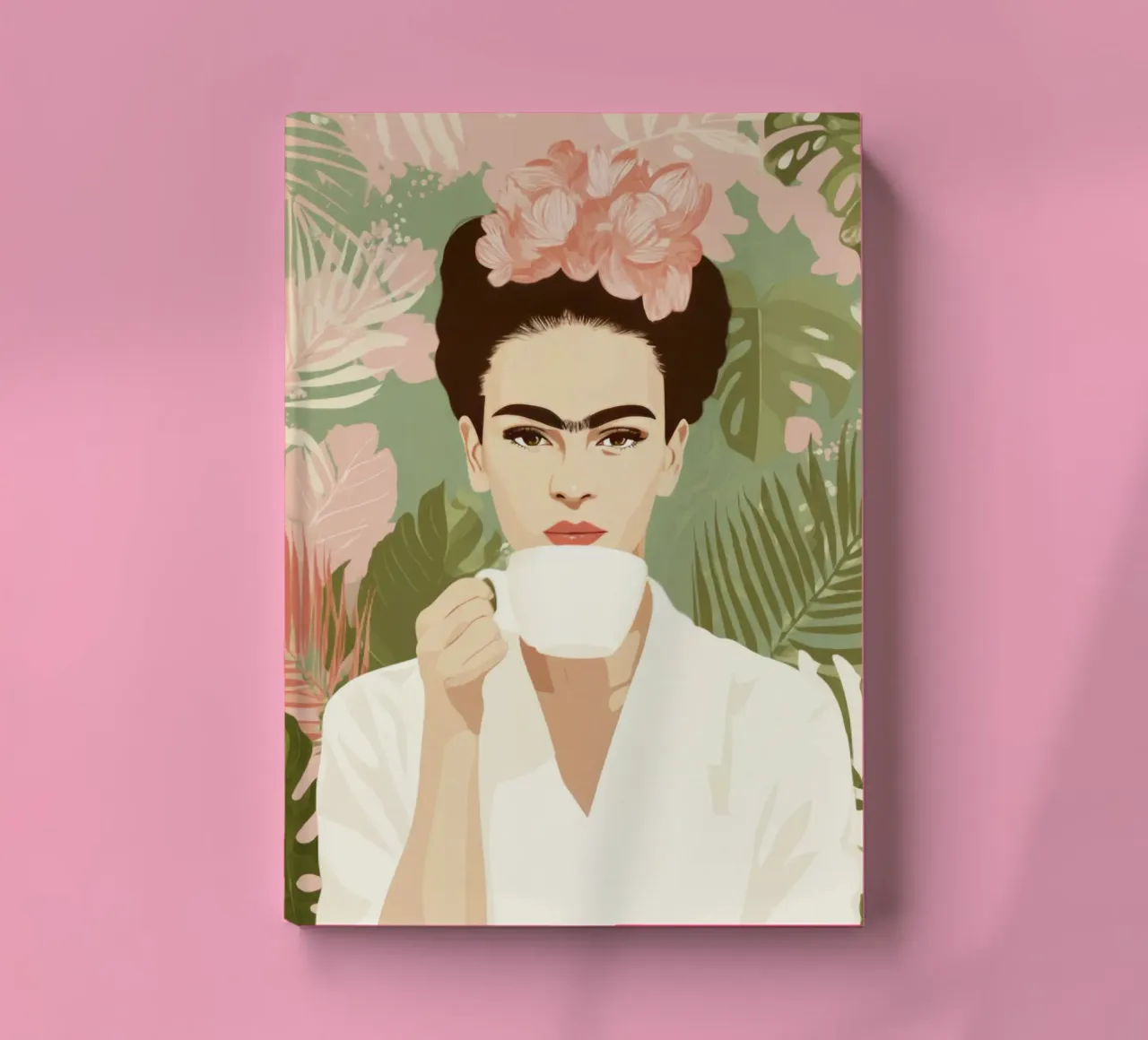 Icona tropicale con corona floreale e caffè in una giungla pastello diario da Modern Muse