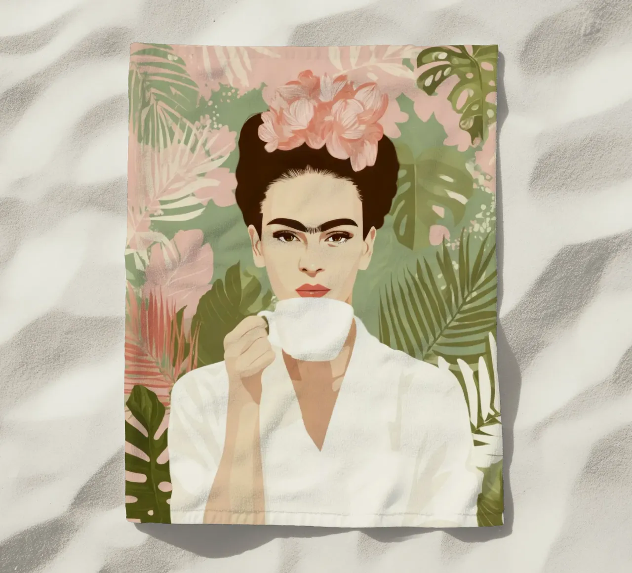Icona tropicale con corona floreale e caffè in una giungla pastello telo mare da Modern Muse