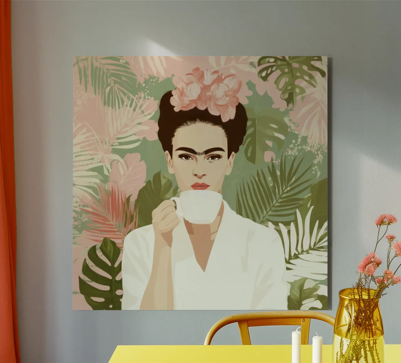 Icona tropicale con corona floreale e caffè in una giungla pastello alluminio dibond da Modern Muse
