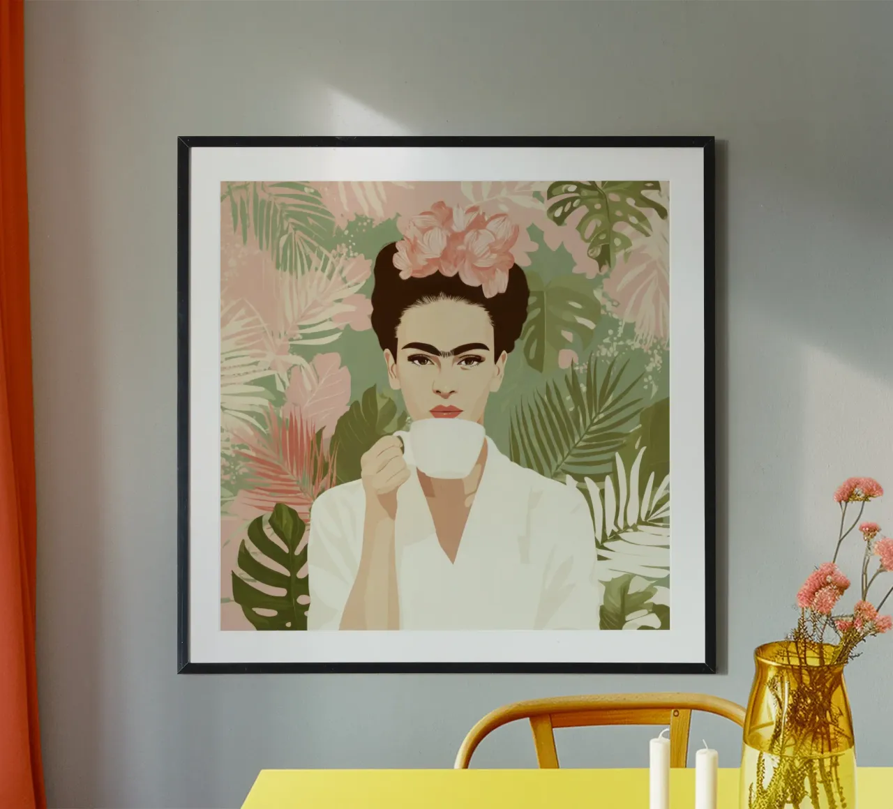 Icona tropicale con corona floreale e caffè in una giungla pastello poster da Modern Muse