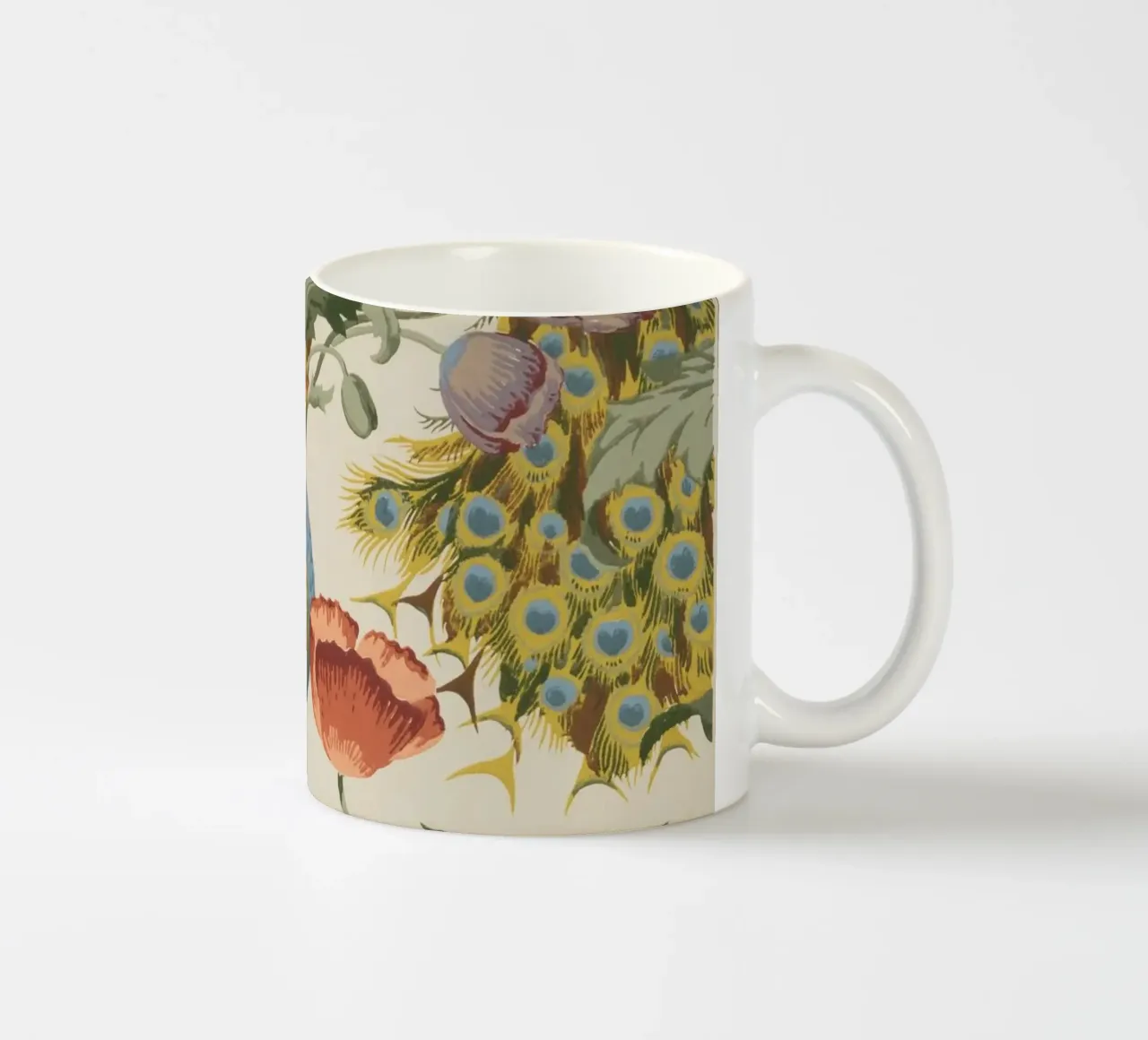 Paons et coquelicots majestueux - Impression d'art botanique vintage mug en céramique de Timeless Botanica