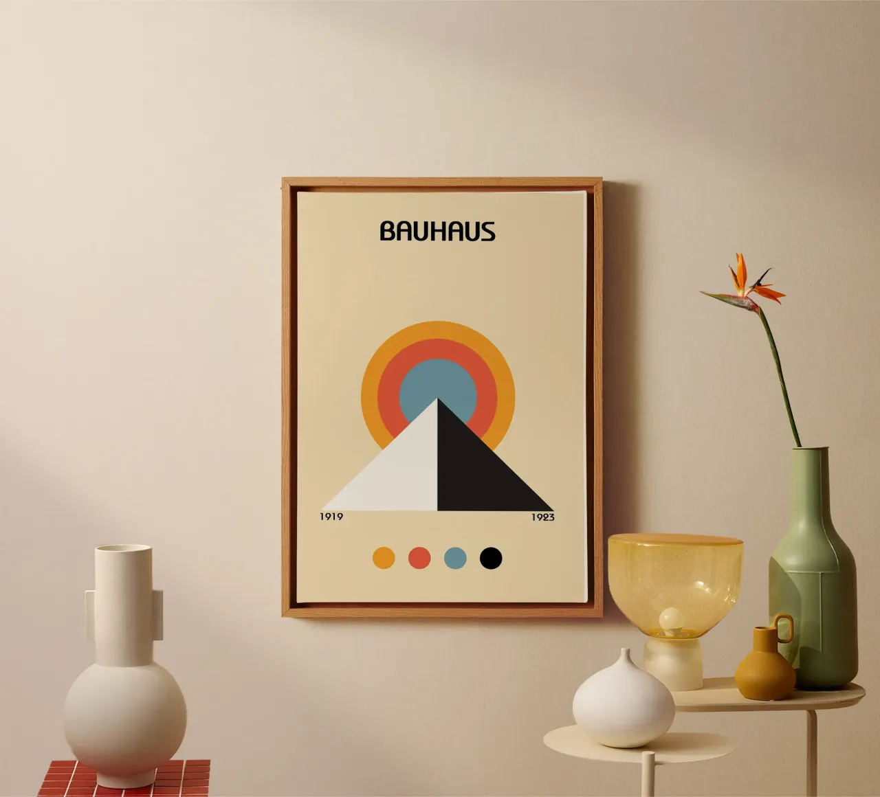bauhaus pyramid circle color palette canvas with Floater frame by MinimalistPosterCharles