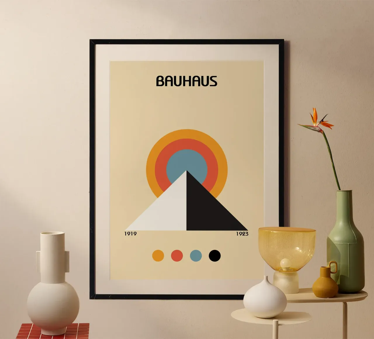 bauhaus pyramid circle color palette poster with aluminum frame by MinimalistPosterCharles