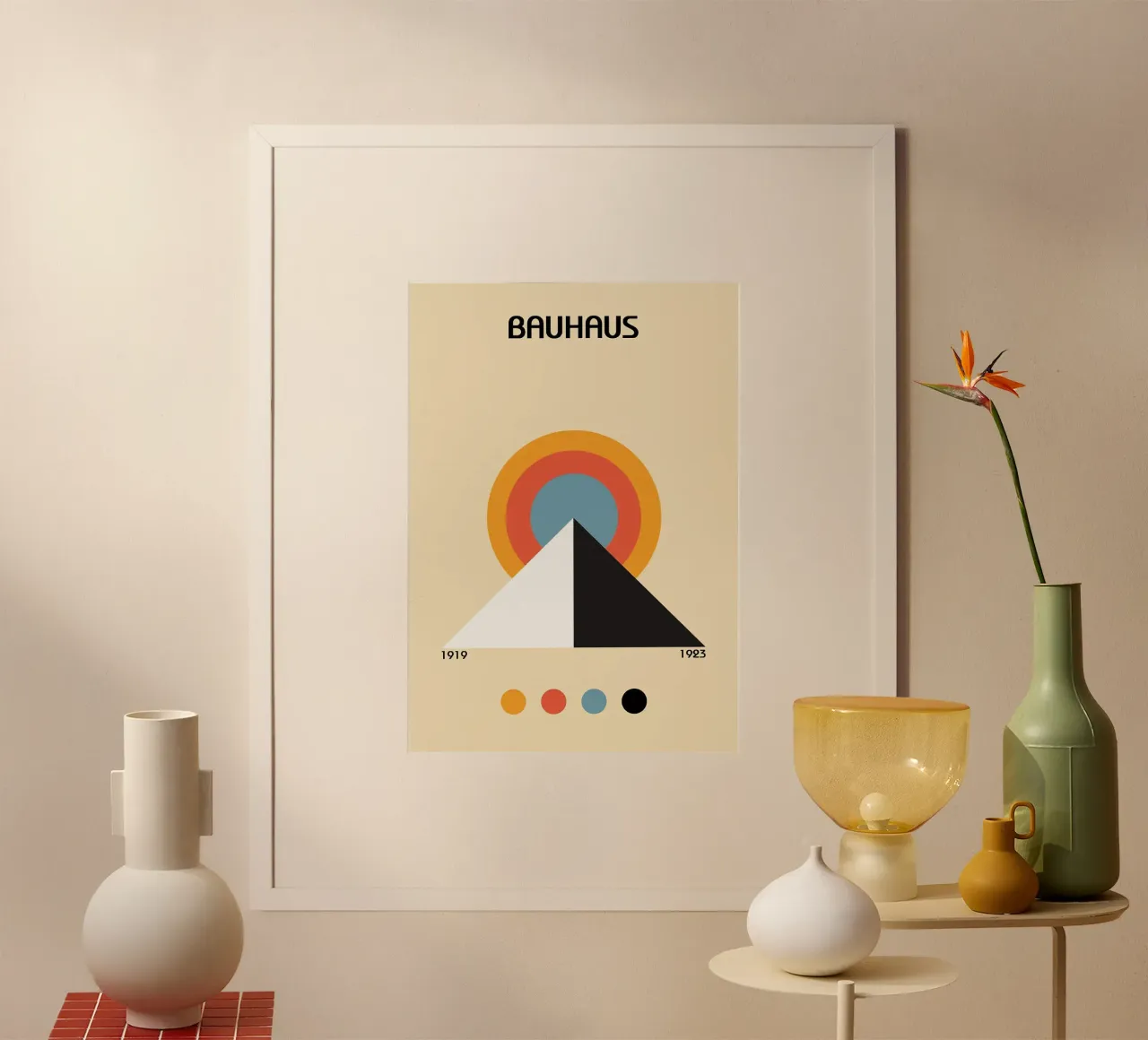 bauhaus pyramid circle color palette poster with aluminum frame by MinimalistPosterCharles