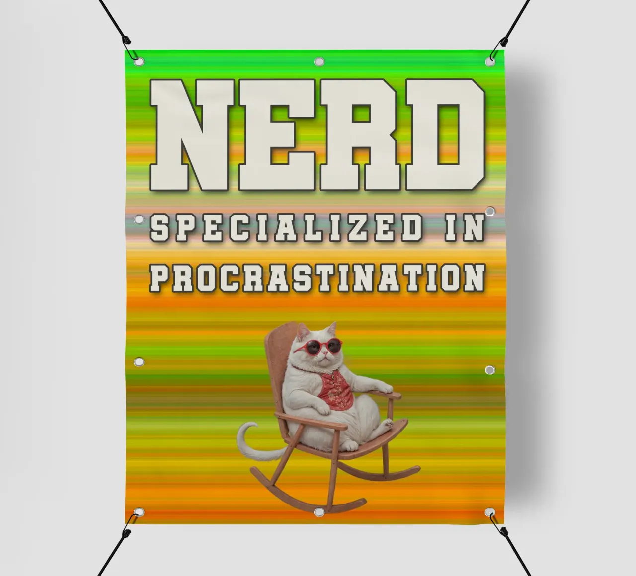 Procrastinazione gatto grasso freddo su sedia a dondolo telo in pvc da lessstressnerd