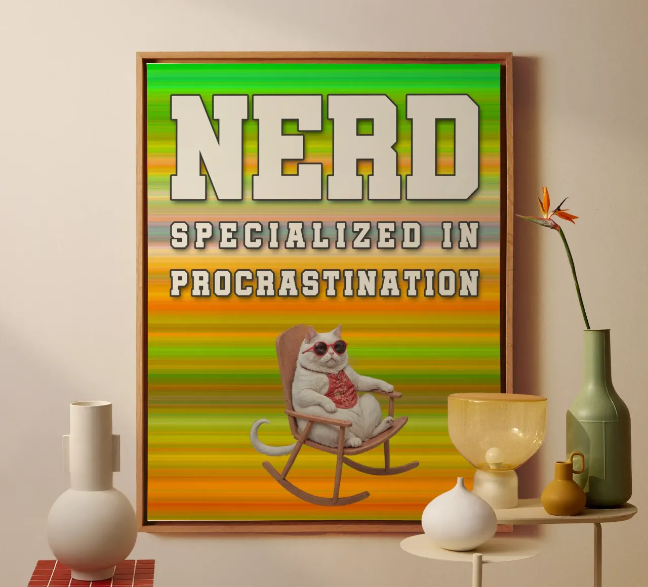 Procrastination cool fat cat in a rocking chair canvas with Floater frame by lessstressnerd