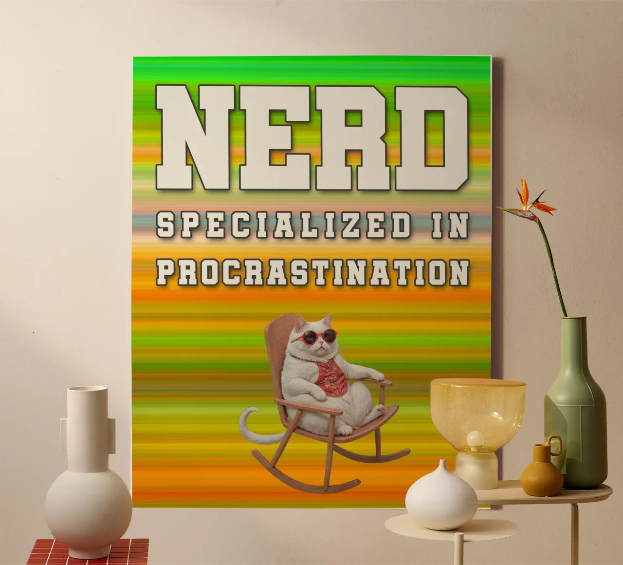 Procrastination cool fat cat in a rocking chair canvas with Floater frame by lessstressnerd