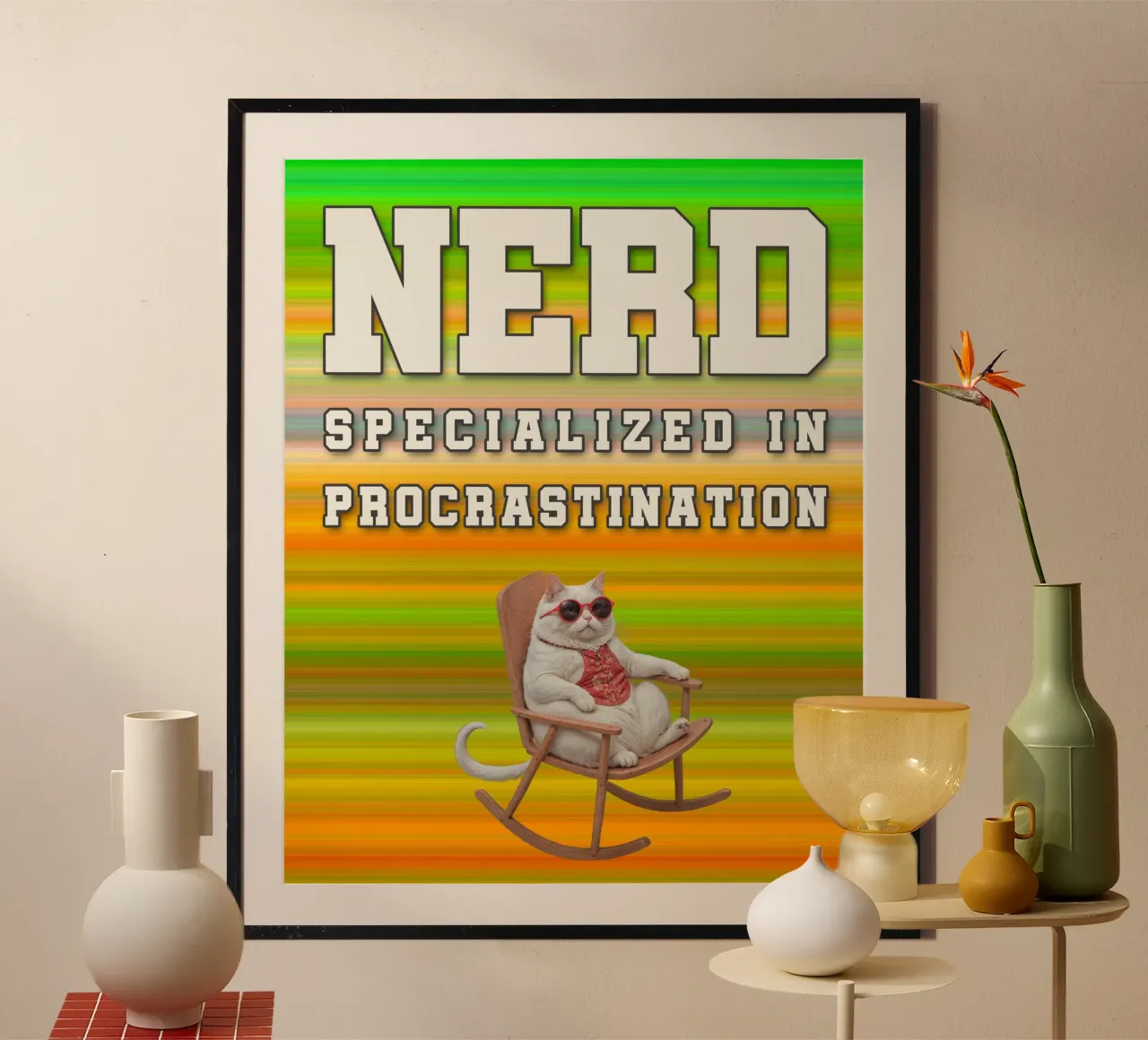 Procrastination cool gros chat dans un fauteuil à bascule poster de lessstressnerd