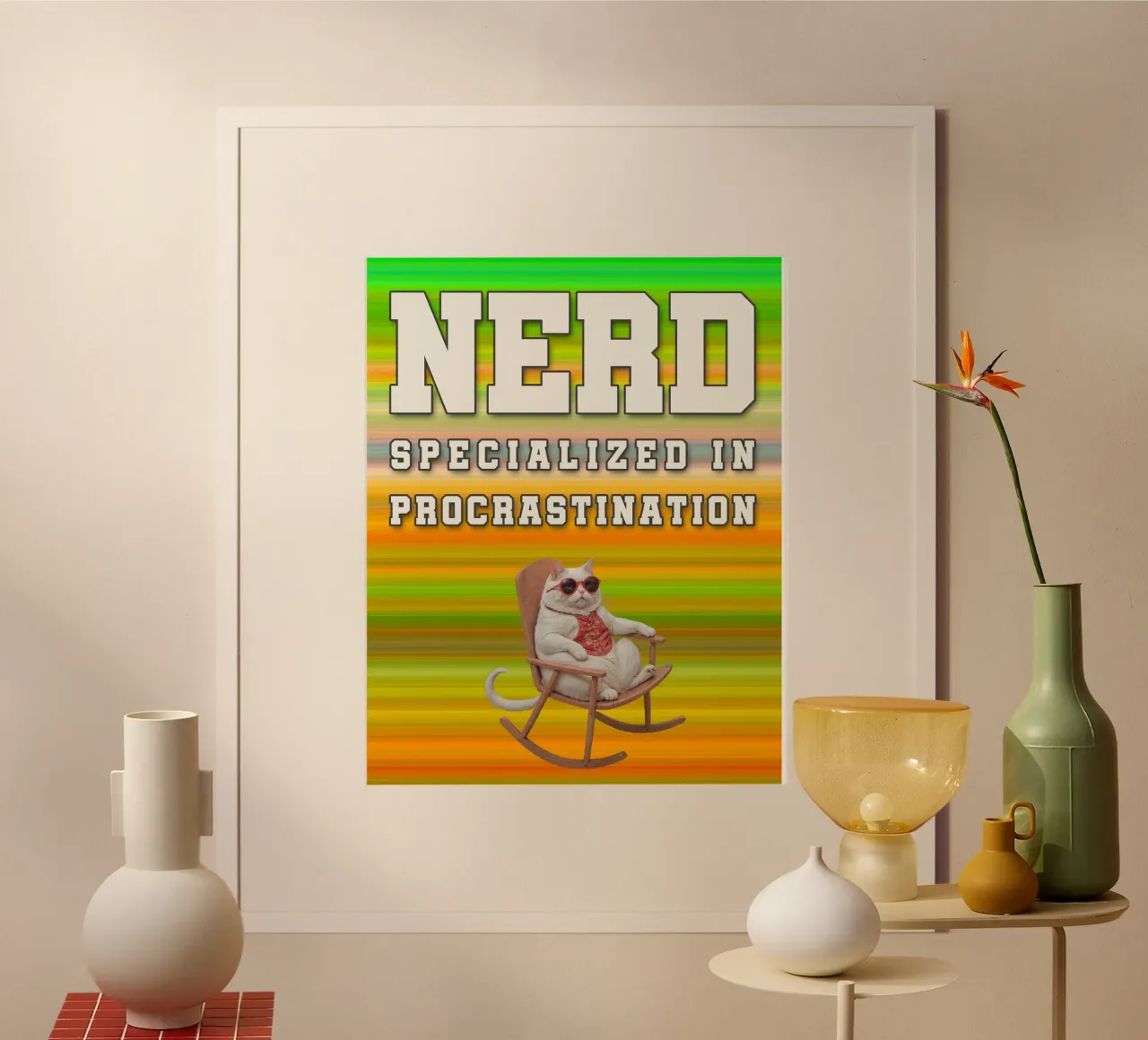 Procrastination cool gros chat dans un fauteuil à bascule poster de lessstressnerd