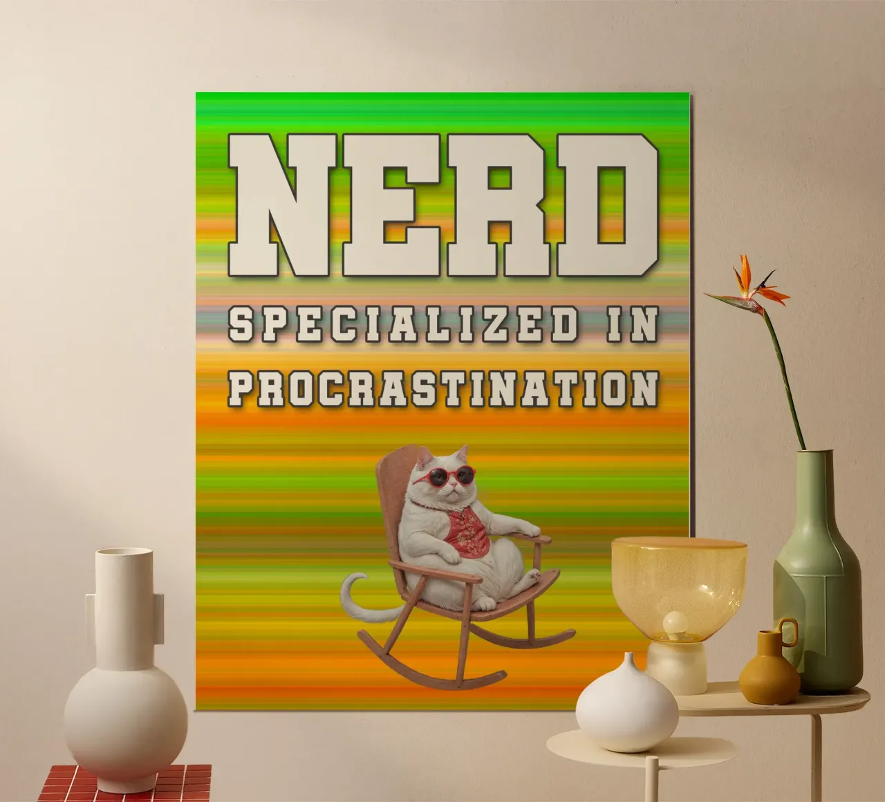 Procrastination cool gros chat dans un fauteuil à bascule poster de lessstressnerd