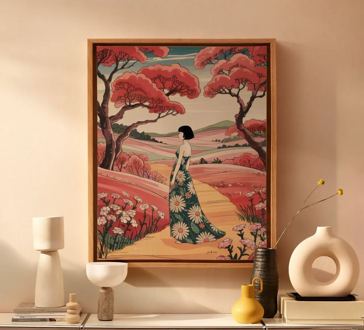 Serene Meadow Walk canvas with Floater frame by Murni Strokes