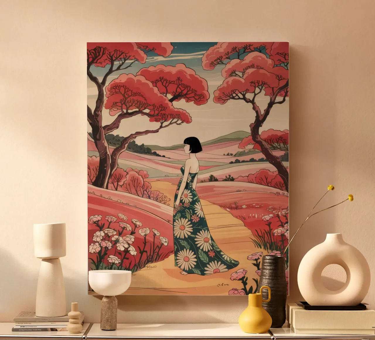 Serene Meadow Walk canvas with Floater frame by Murni Strokes