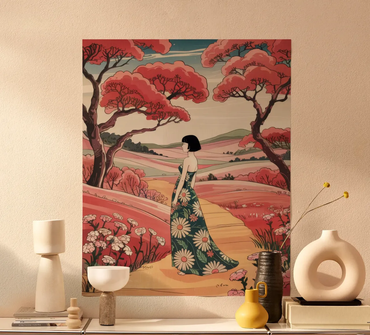 Passeggiata serena sui prati poster con telaio in alluminio da Murni Strokes