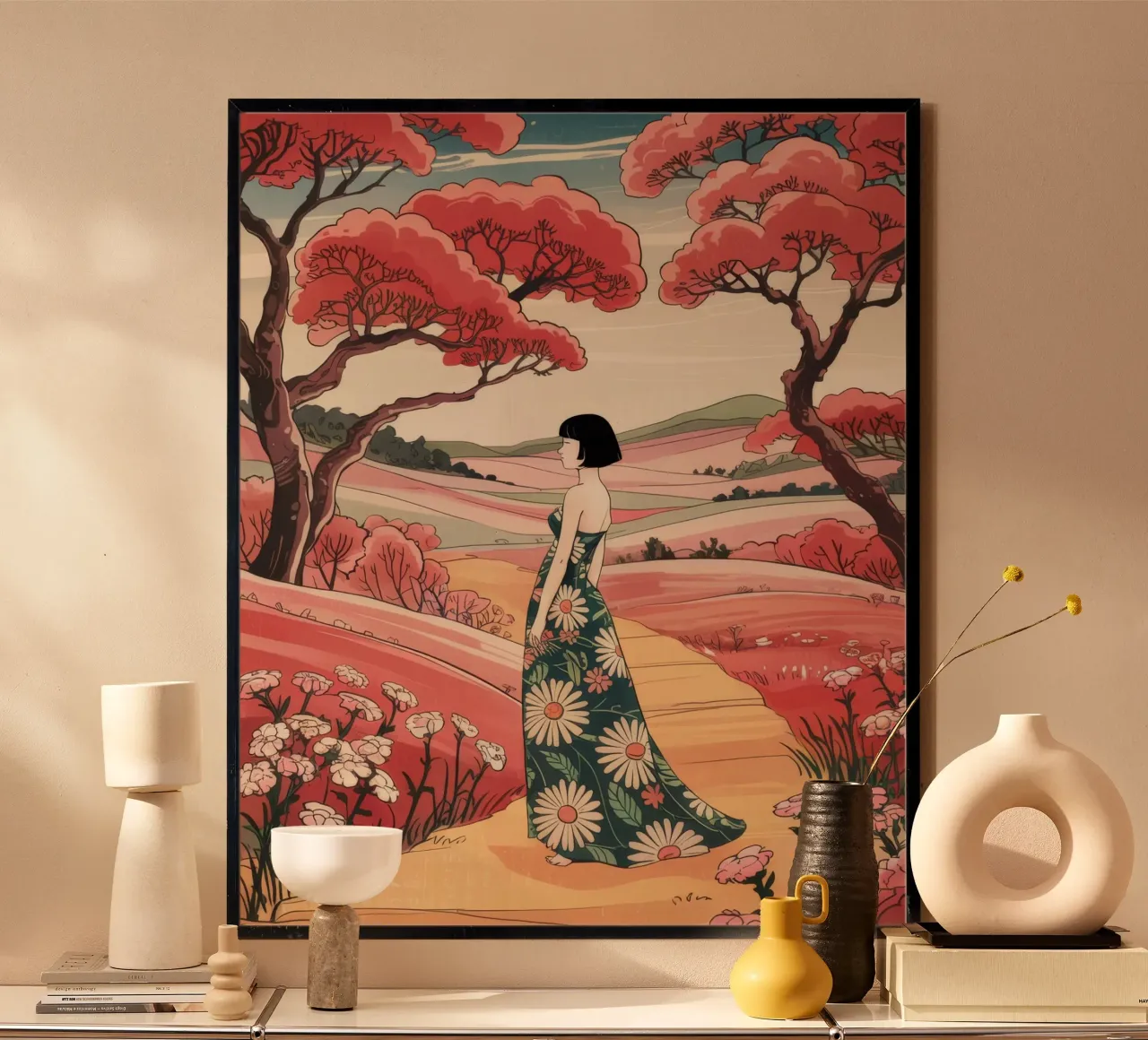 Passeggiata serena sui prati poster con telaio in alluminio da Murni Strokes