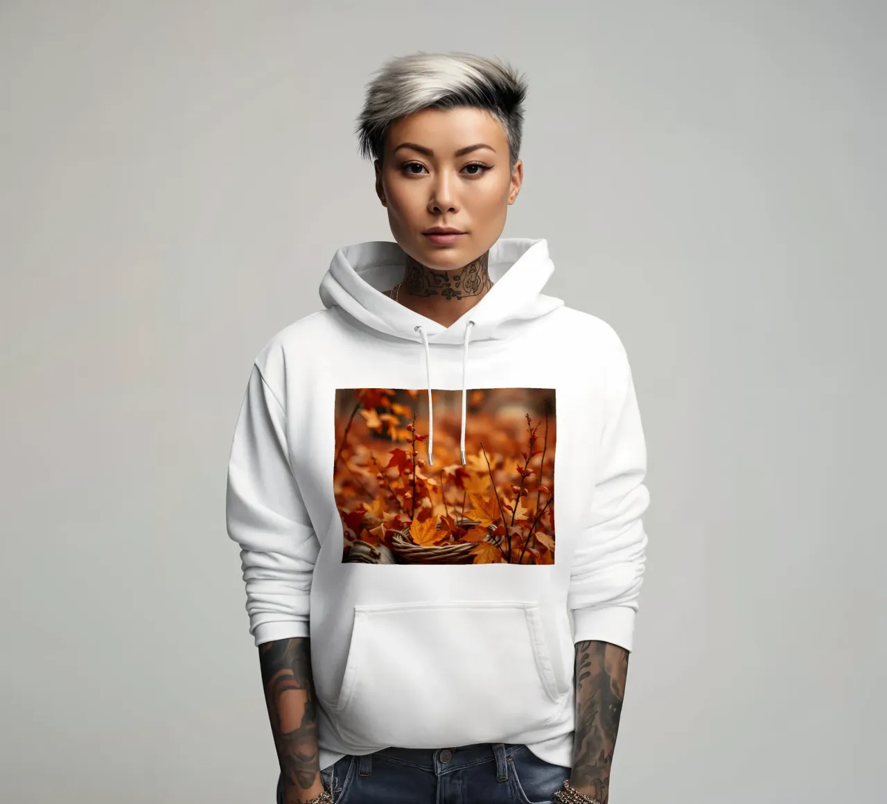 Calde foglie d'autunno sparse intorno a un cesto intrecciato felpa con cappuccio da DesignDoodle