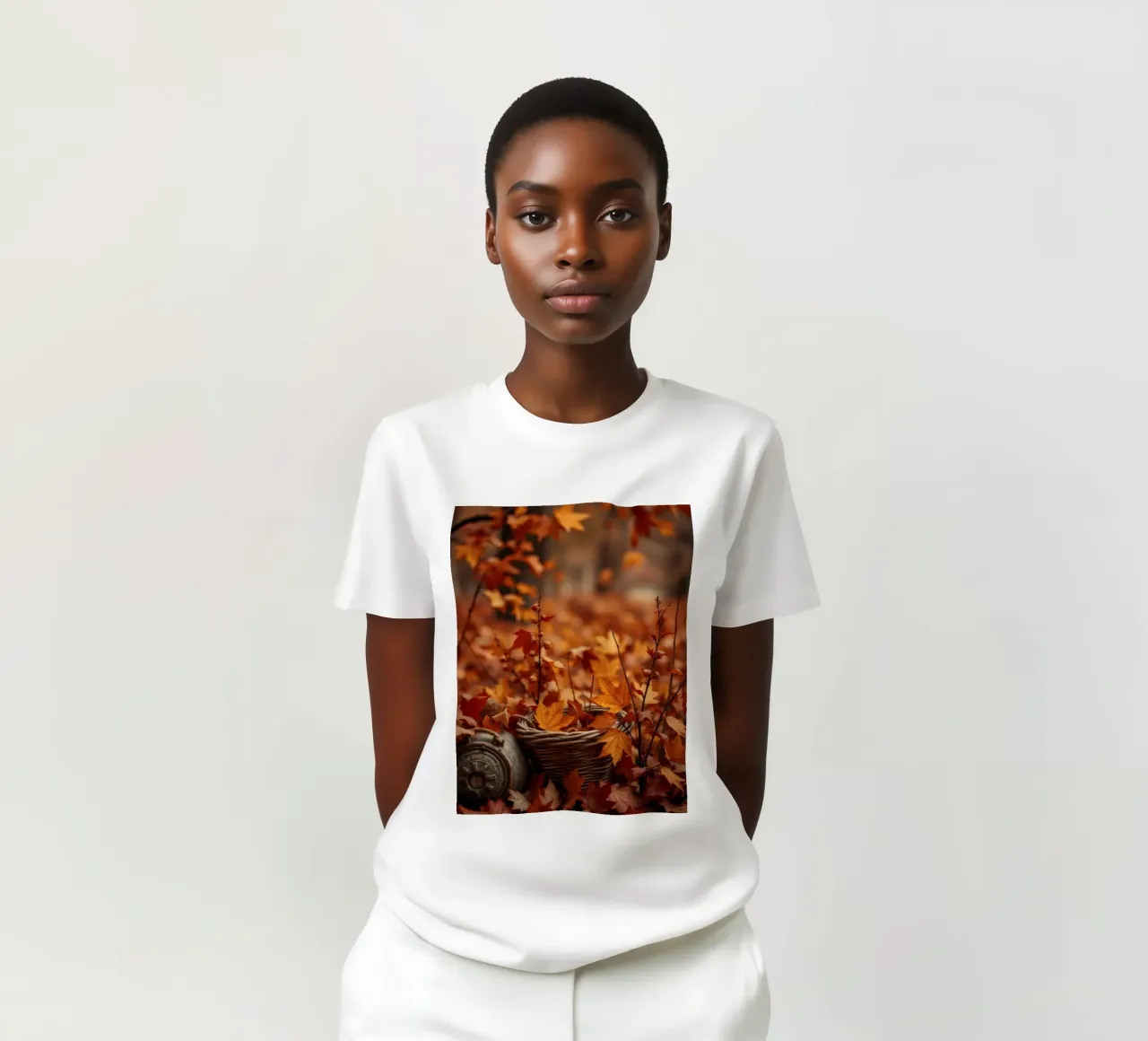 Calde foglie d'autunno sparse intorno a un cesto intrecciato t-shirt da DesignDoodle