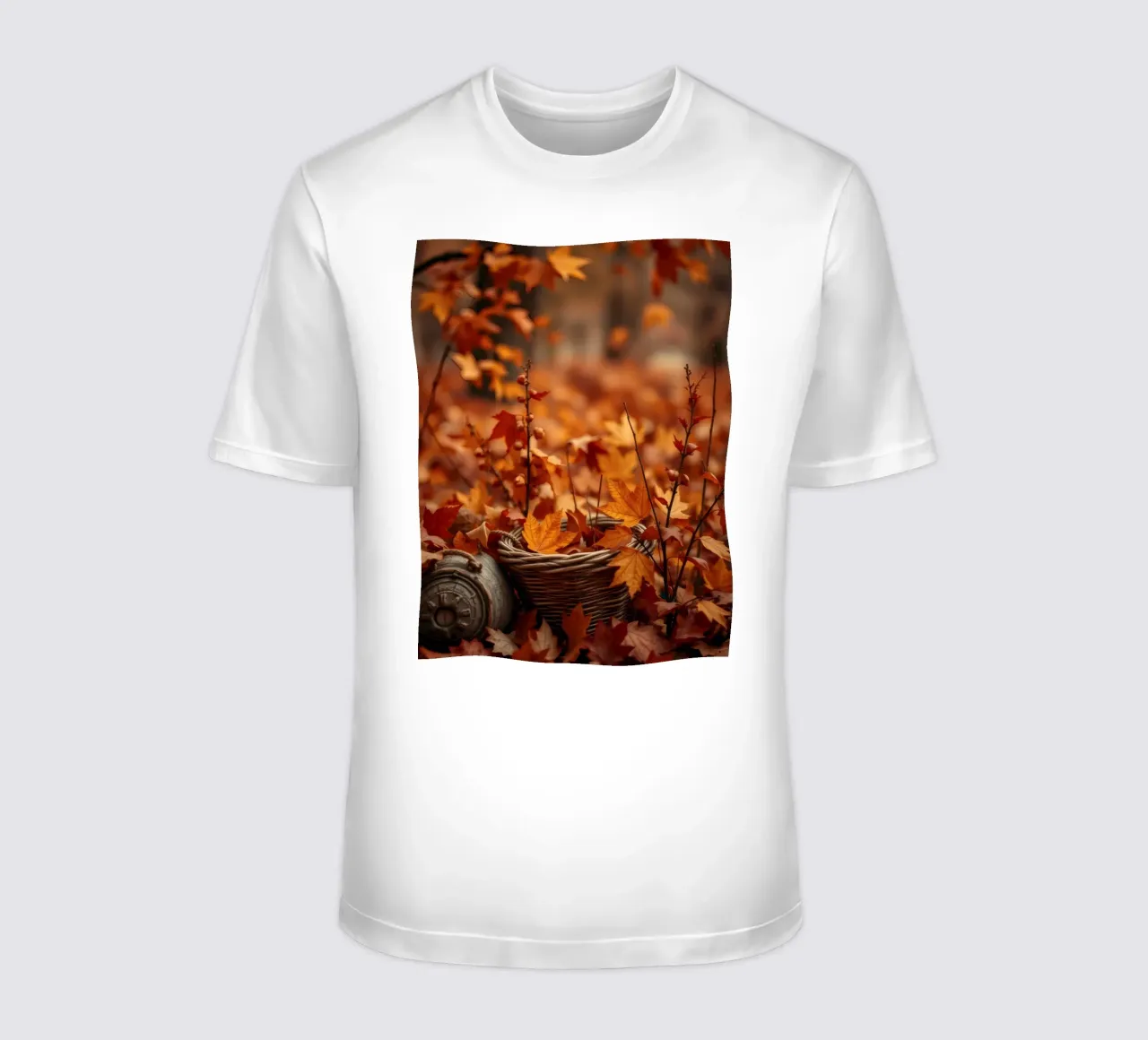 Calde foglie d'autunno sparse intorno a un cesto intrecciato t-shirt da DesignDoodle