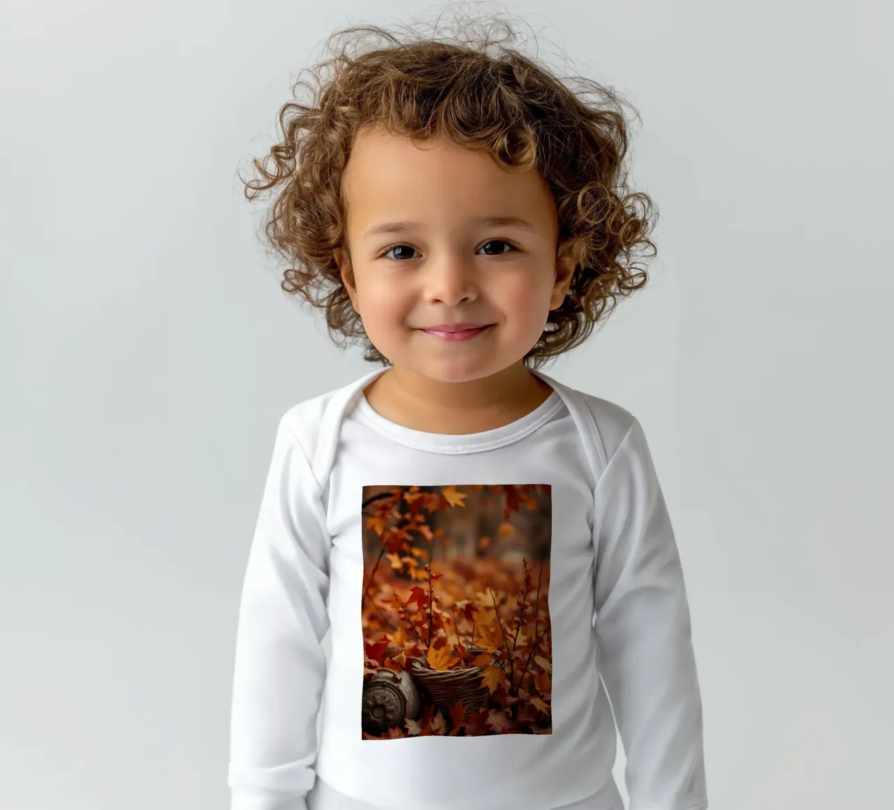 Calde foglie d'autunno sparse intorno a un cesto intrecciato body neonato maniche lunghe da DesignDoodle