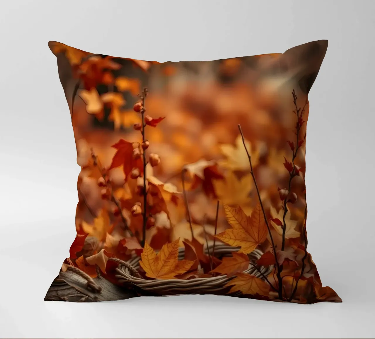 Calde foglie d'autunno sparse intorno a un cesto intrecciato cuscino da DesignDoodle