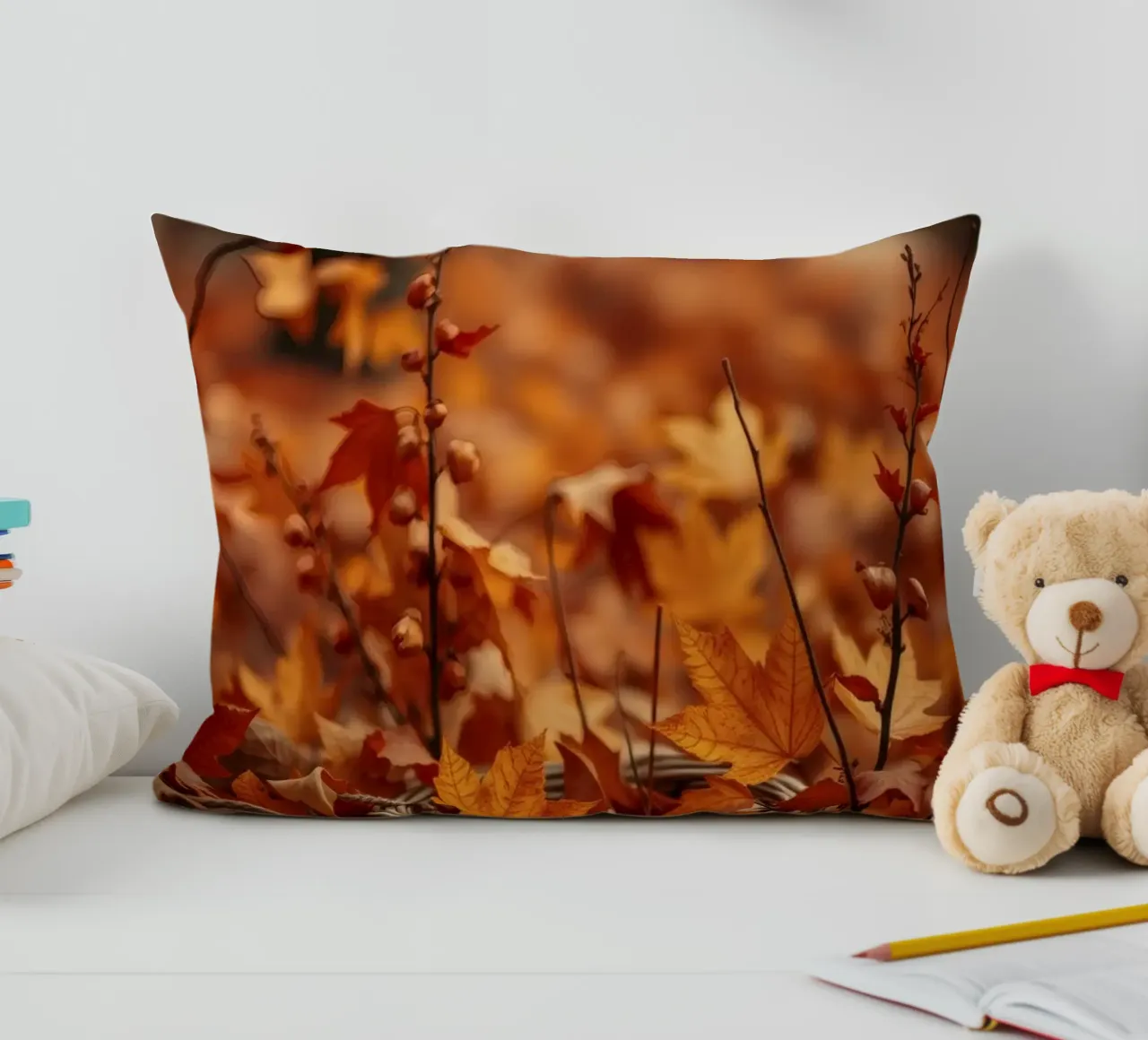 Calde foglie d'autunno sparse intorno a un cesto intrecciato cuscino da DesignDoodle