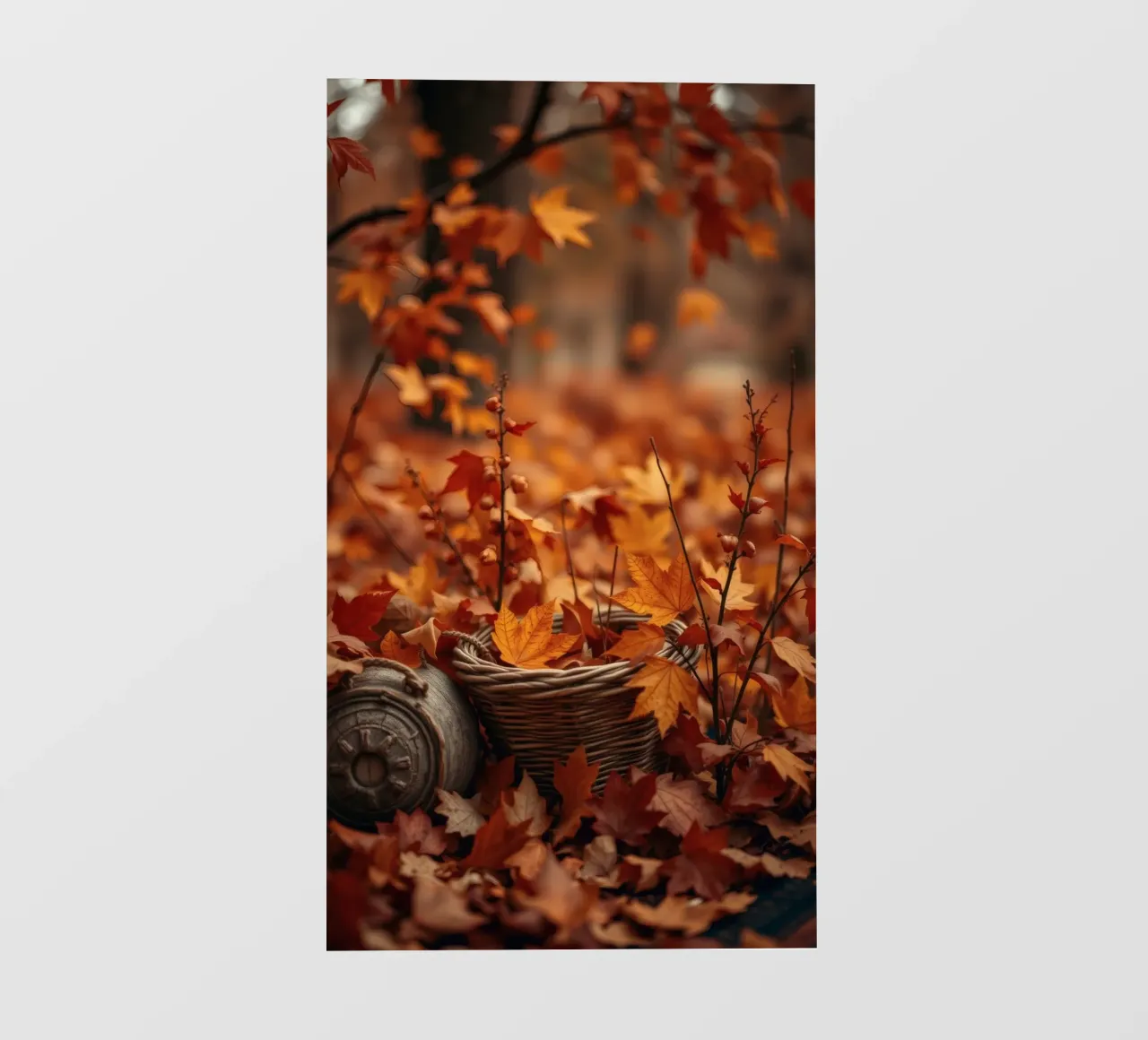 Calde foglie d'autunno sparse intorno a un cesto intrecciato telo in pvc da DesignDoodle