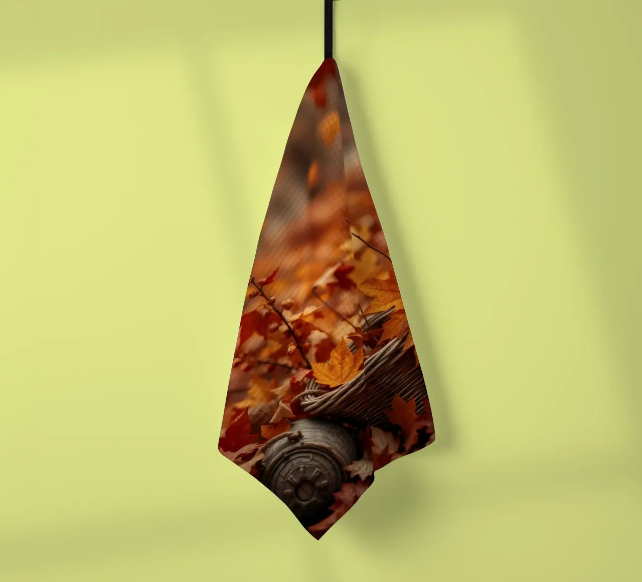 Calde foglie d'autunno sparse intorno a un cesto intrecciato canovaccio da cucina da DesignDoodle