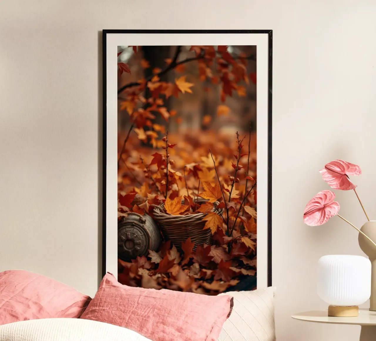 Calde foglie d'autunno sparse intorno a un cesto intrecciato carta hahnemühle da DesignDoodle