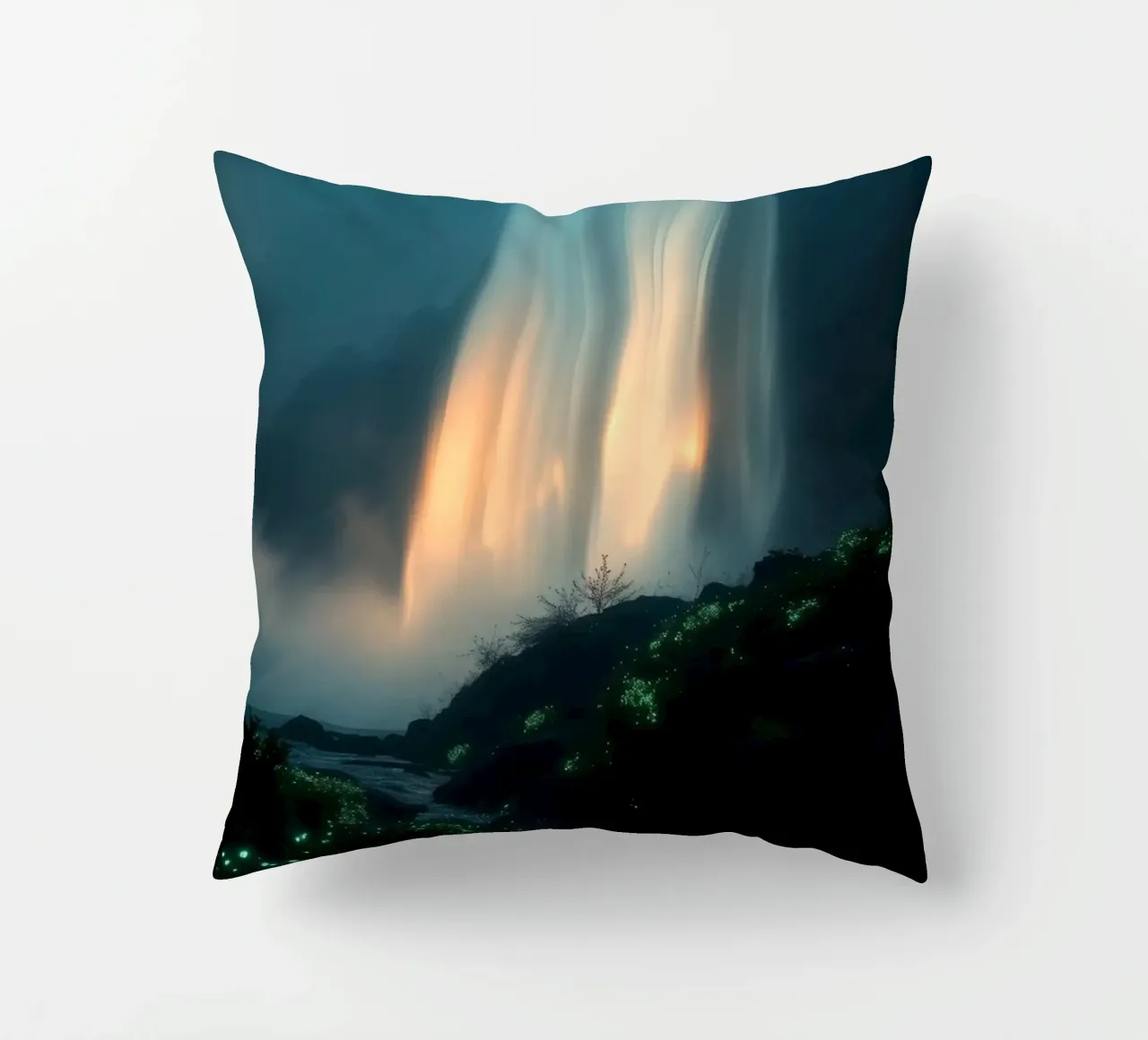 Superbe cascade abstraite avec une flore lumineuse sous la lune coussin de DesignDoodle