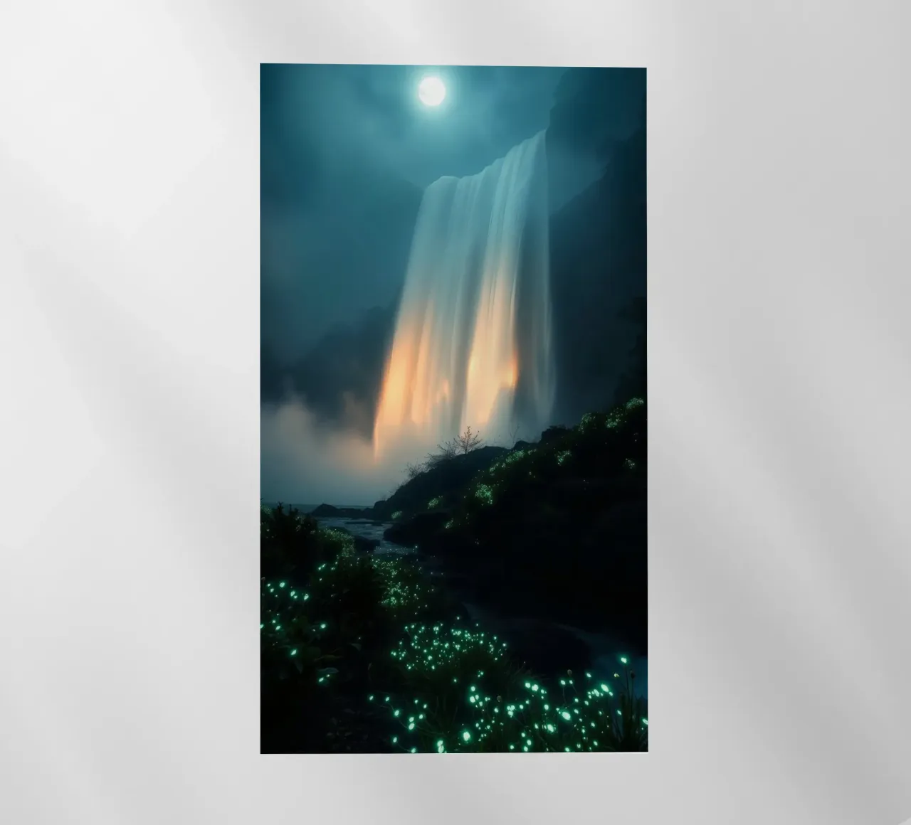 Superbe cascade abstraite avec une flore lumineuse sous la lune film rétro-éclairé de DesignDoodle