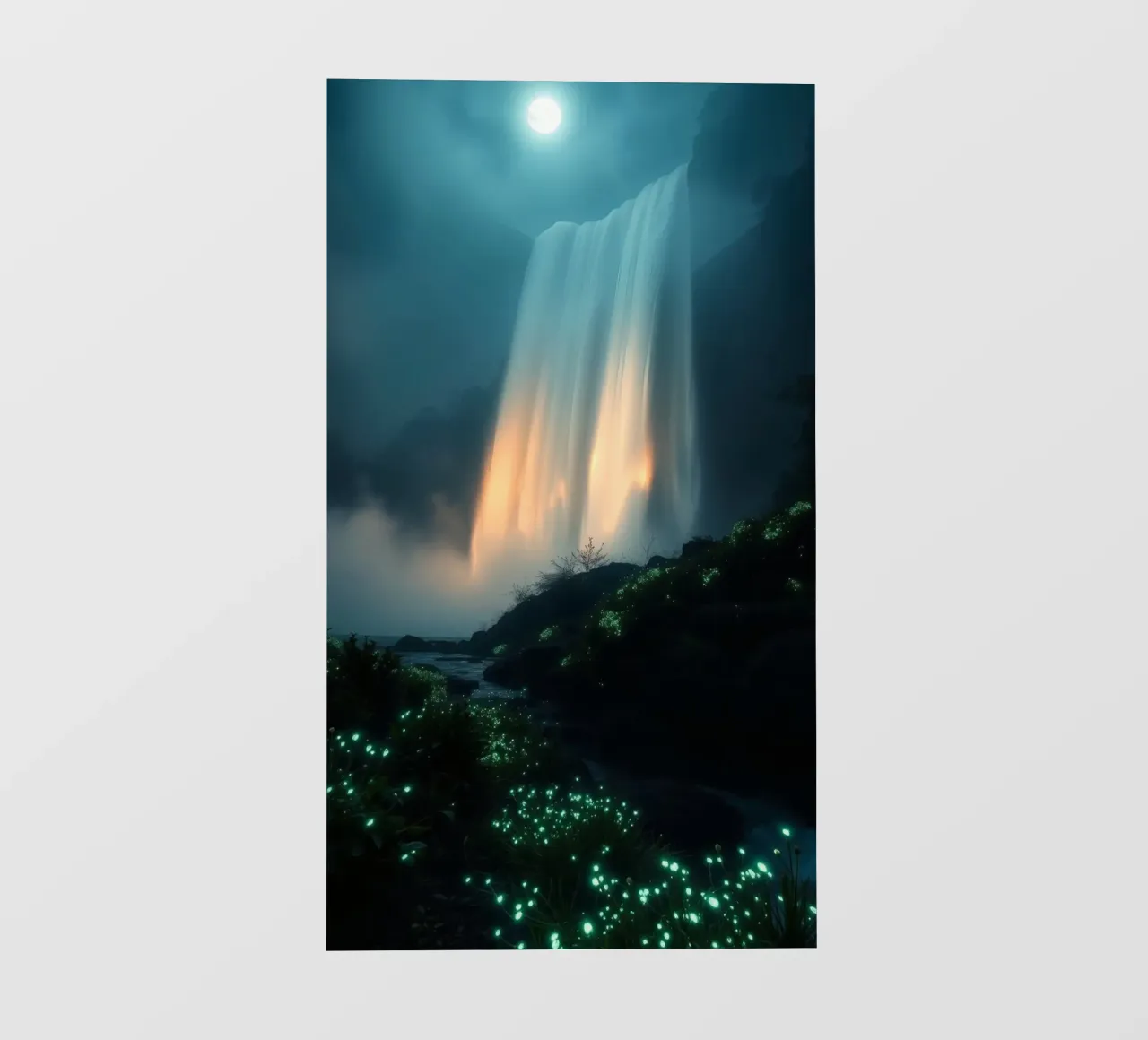 Superbe cascade abstraite avec une flore lumineuse sous la lune film rétro-éclairé de DesignDoodle