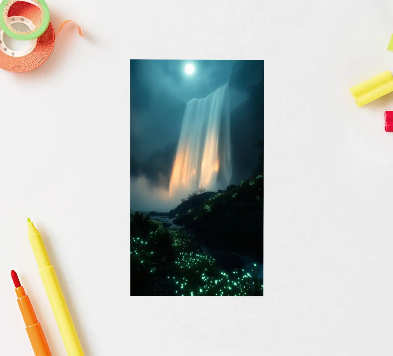 Superbe cascade abstraite avec une flore lumineuse sous la lune autocollant de DesignDoodle