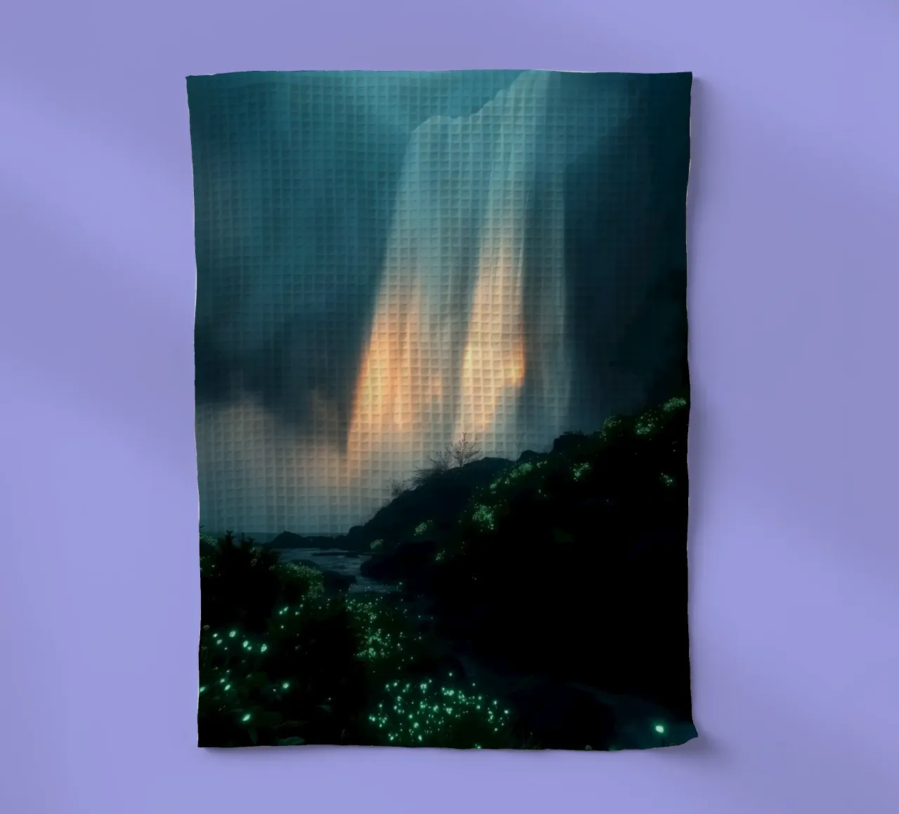 Superbe cascade abstraite avec une flore lumineuse sous la lune torchon de DesignDoodle