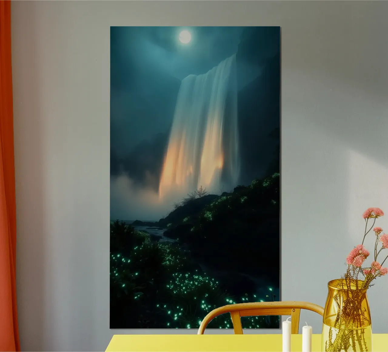 Superbe cascade abstraite avec une flore lumineuse sous la lune poster de DesignDoodle