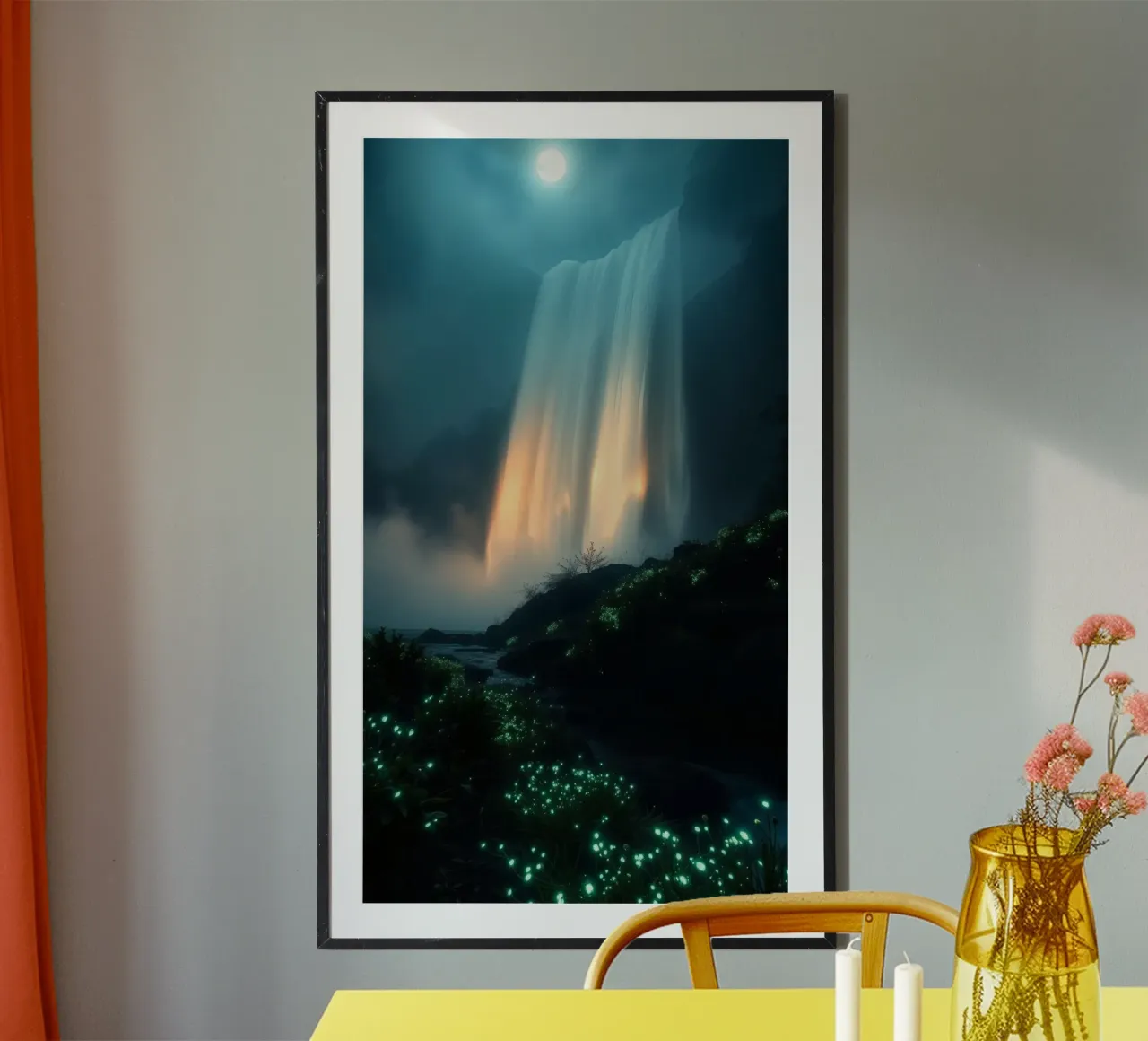 Superbe cascade abstraite avec une flore lumineuse sous la lune poster de DesignDoodle