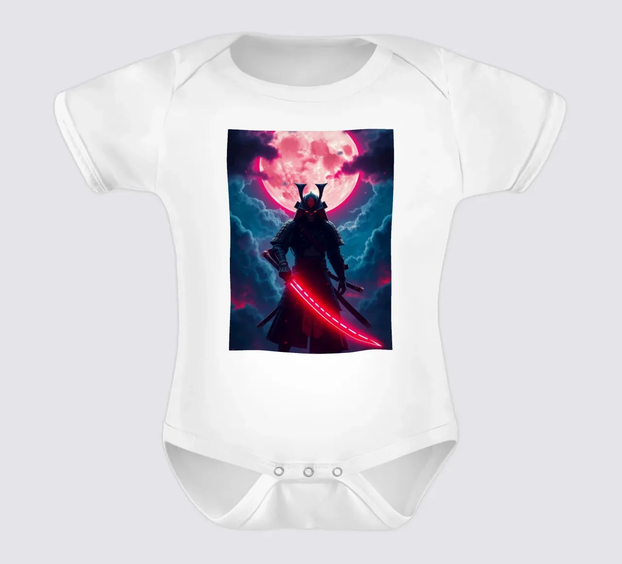 Epic samurai warrior under a glowing moon with a red aura short-sleeve baby romper by DesignDoodle