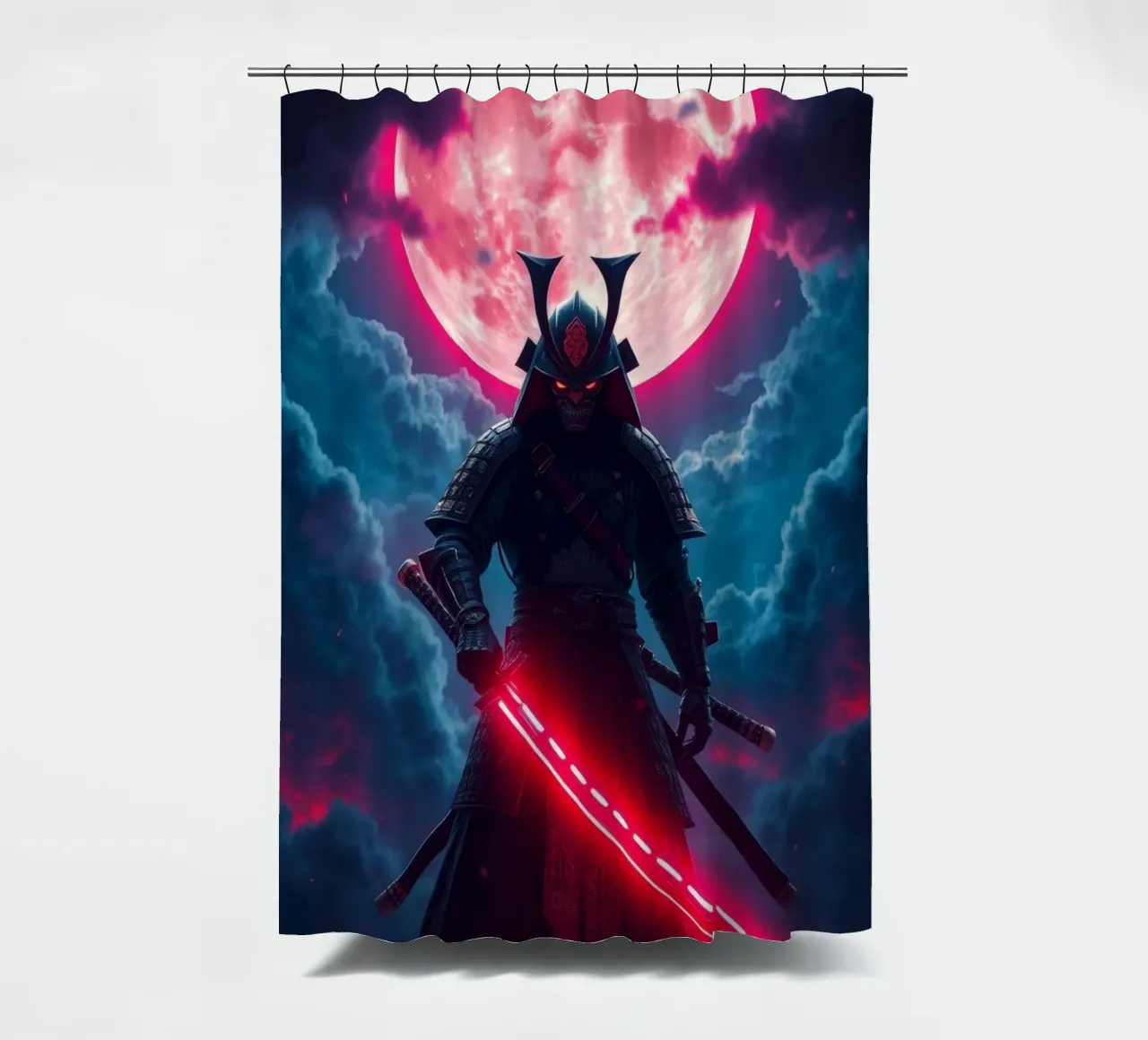 Epic samurai warrior under a glowing moon with a red aura shower curtain by DesignDoodle