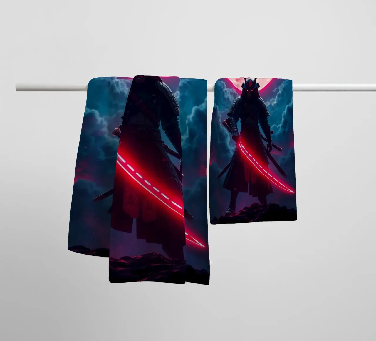Epic samurai warrior under a glowing moon with a red aura towel by DesignDoodle