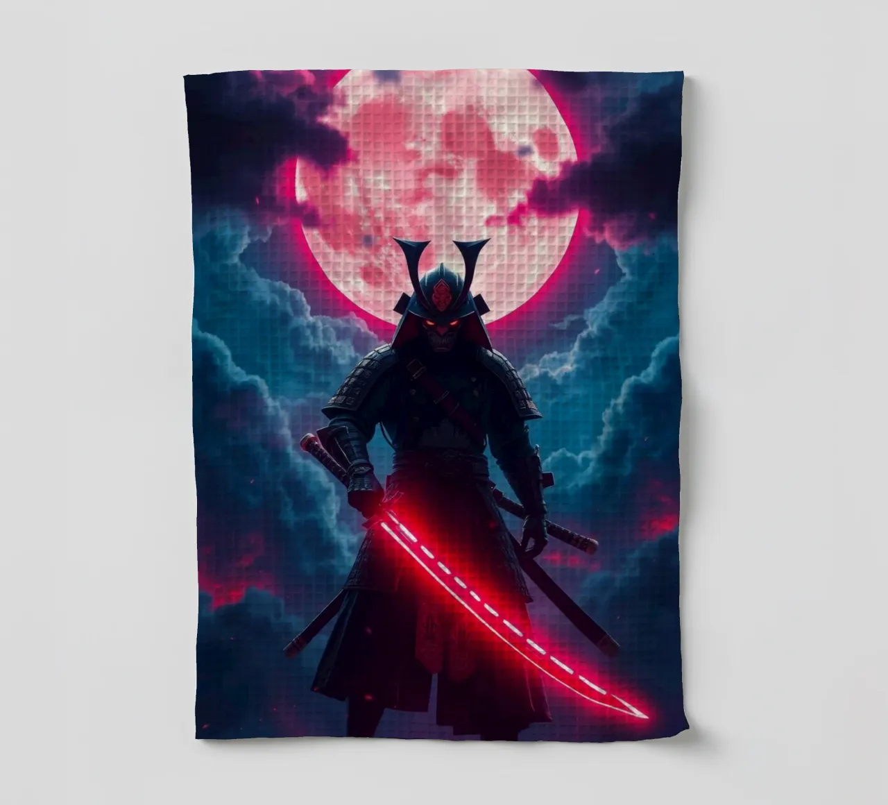 Epic samurai warrior under a glowing moon with a red aura tea towel by DesignDoodle