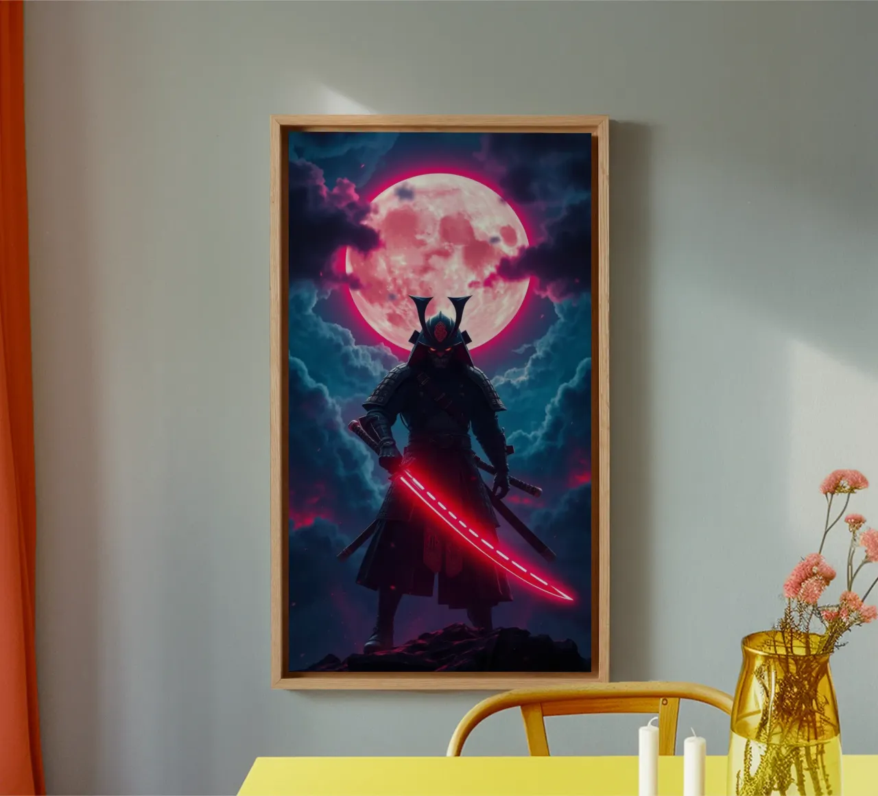 Epic samurai warrior under a glowing moon with a red aura canvas with Floater frame by DesignDoodle