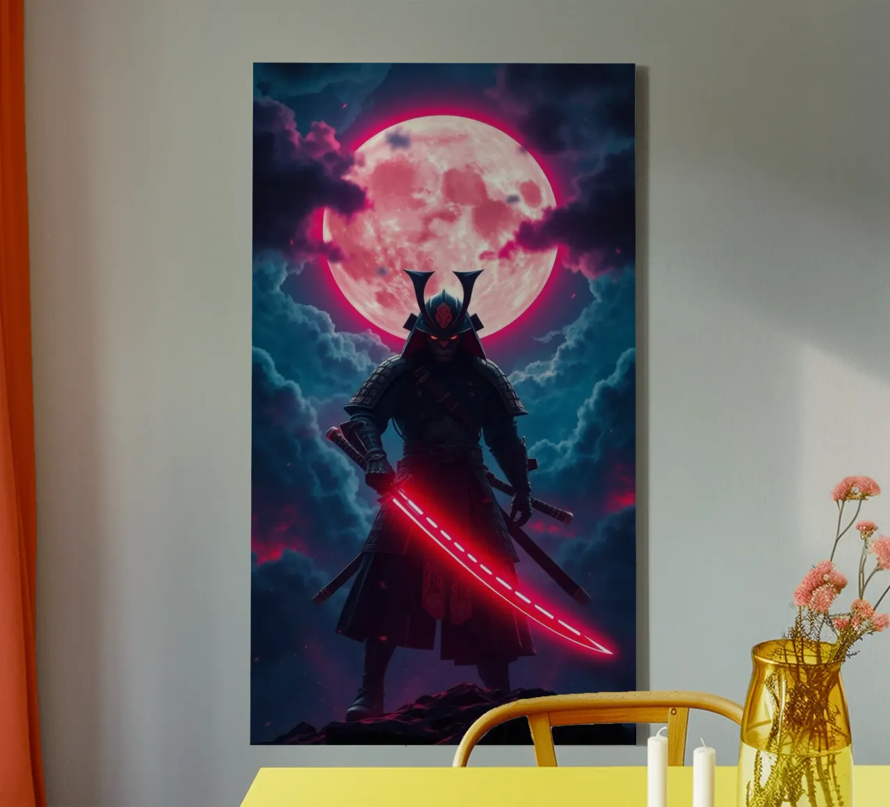 Epic samurai warrior under a glowing moon with a red aura canvas with Floater frame by DesignDoodle