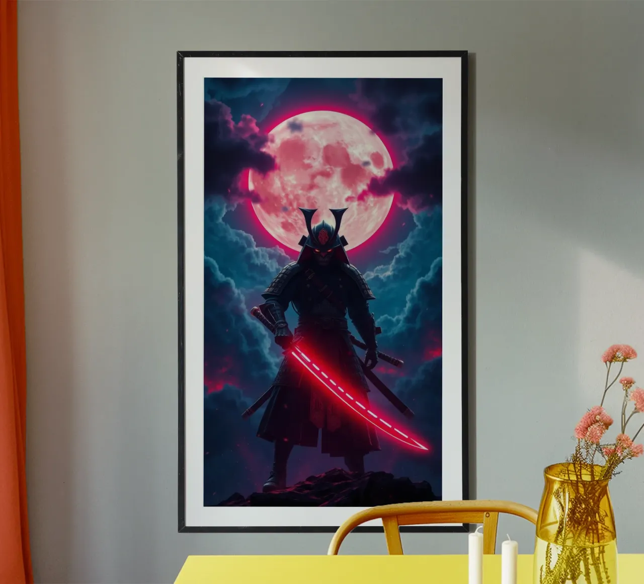 Epic samurai warrior under a glowing moon with a red aura poster with wooden frame by DesignDoodle